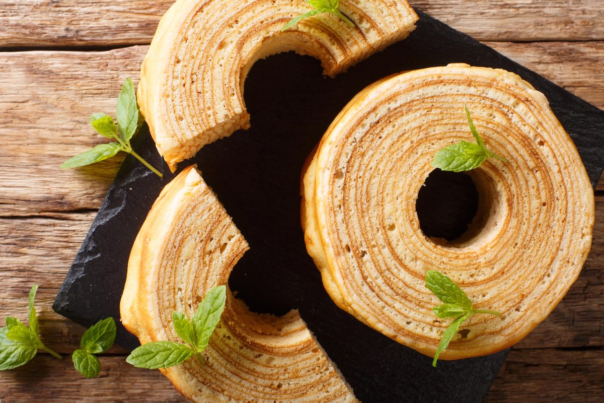 Baumkuchen tree cake rings showing their many thin golden layers