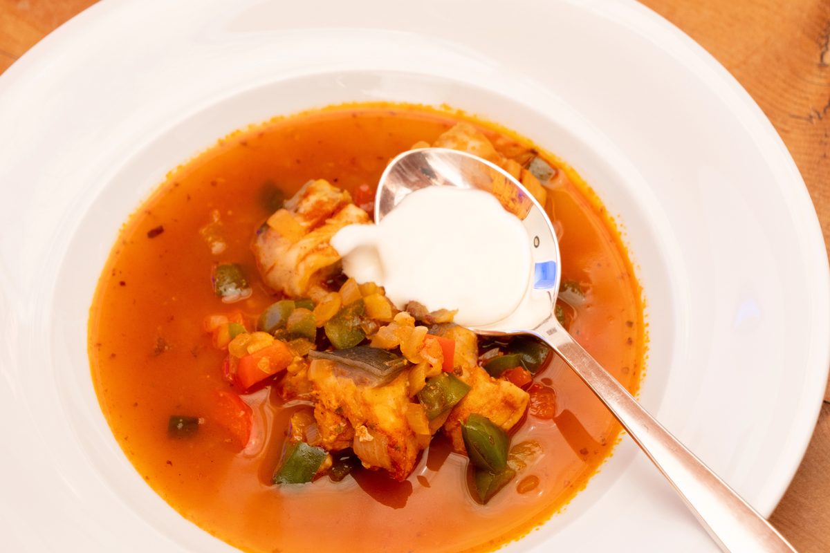 Halászlé, red Hungarian fisherman's soup with carp and paprika