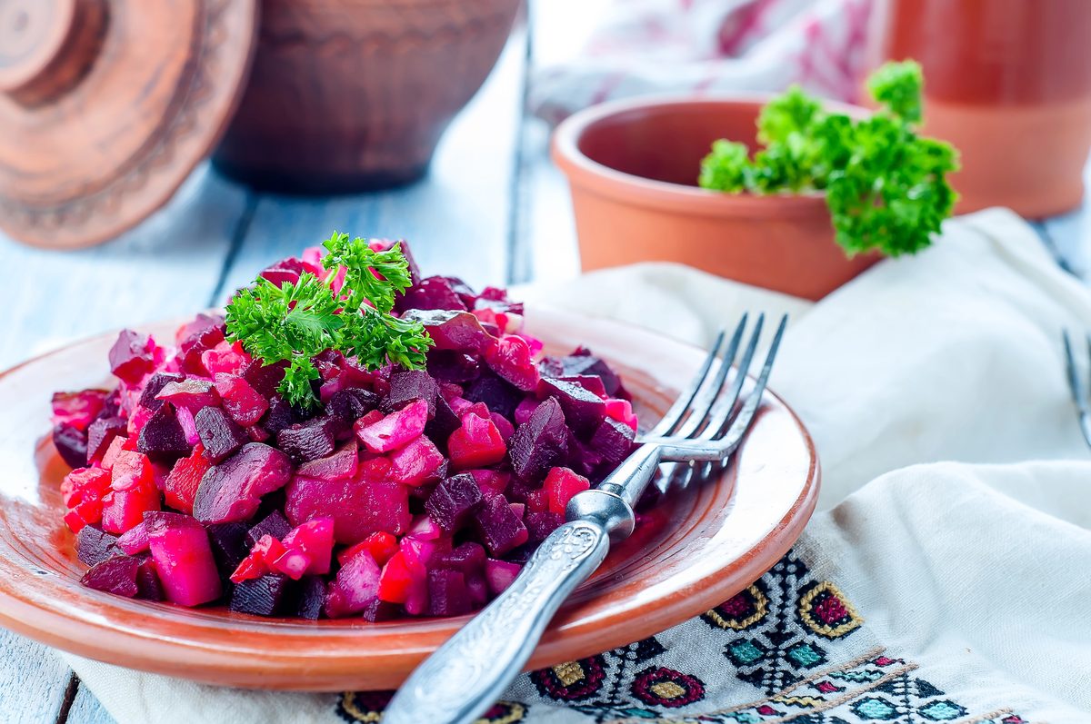 Vinehret, salad of beets and vegetables, on a plate
