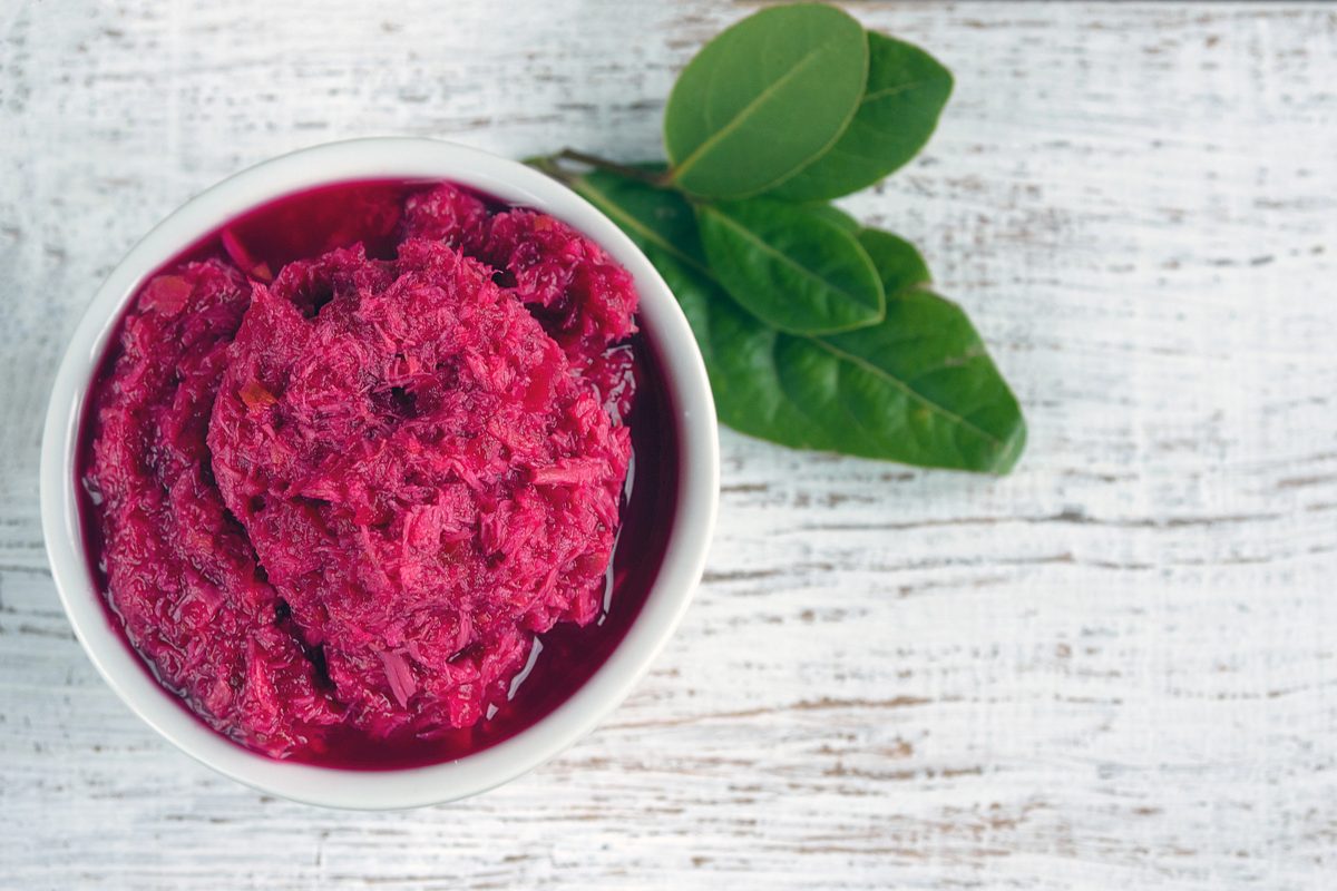 Beet and horseradish relish in a white bowl