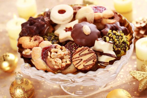 Assortment of small Czech Christmas cookies in a glass dish