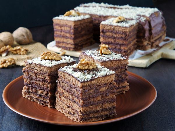 Squares of layered chocolate cream cake with walnuts, similar to Croatian mađarica