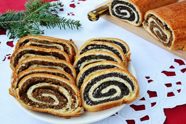 Sliced bejgli rolls with poppy seed and walnut filling