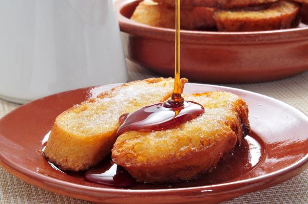 Torrijas, Spanish fried bread slices drizzled with syrup