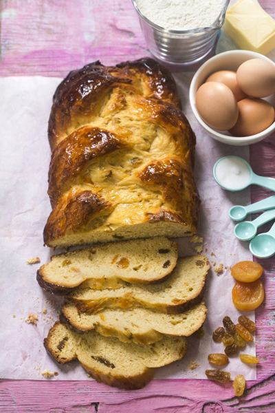 Sliced braided kalács Easter bread