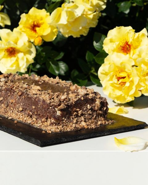 Reforma chocolate walnut cake with yellow flowers
