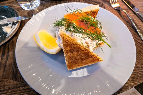 Toast Skagen with shrimp salad, roe, dill and lemon