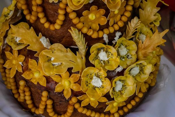 Korovai, a round Ukrainian wedding bread decorated with dough flowers