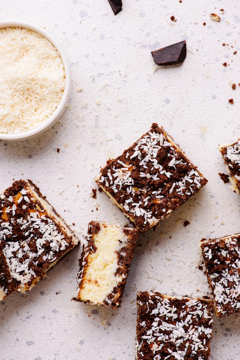 Chocolate squares topped with coconut